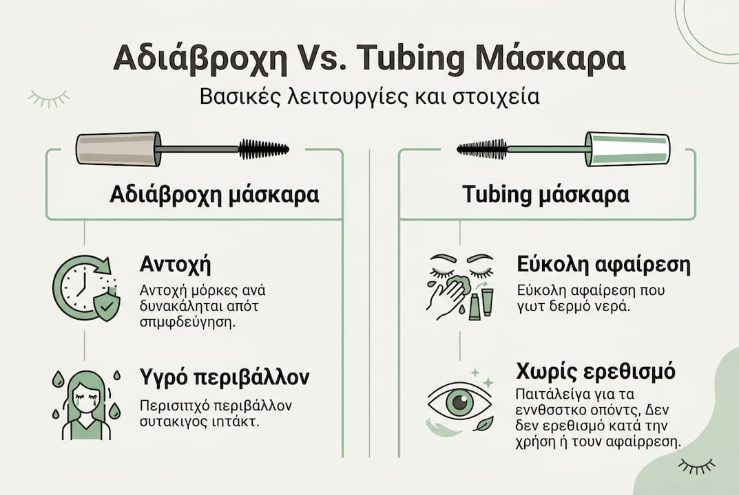Εικονογράφηση που αναδεικνύει τις βασικές διαφορές ανάμεσα στη μάσκαρα αδιάβροχη και τη μάσκαρα tubing