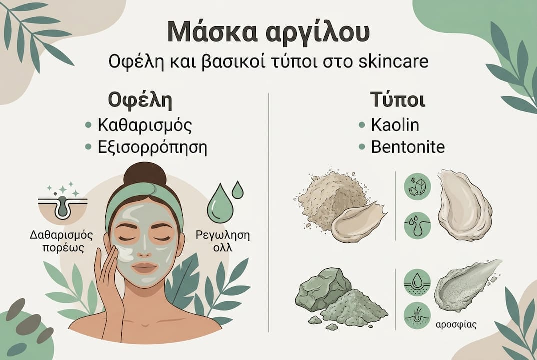 Διαδραστικό infographic με όλα όσα πρέπει να ξέρεις για τις μάσκες αργίλου: ποια είναι τα οφέλη τους και ποιο είδος ταιριάζει στην επιδερμίδα σου.