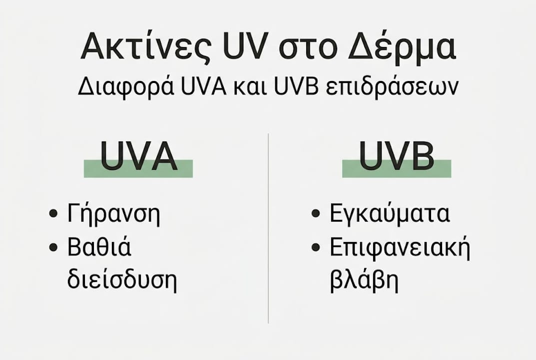 Εικονογράφηση: Τύποι υπεριώδους ακτινοβολίας (UVA, UVB) και πώς επηρεάζουν το δέρμα μας