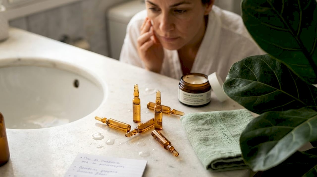 Λεπτομέρεια από γυάλινες αμπούλες ομορφιάς τοποθετημένες πάνω στον πάγκο.