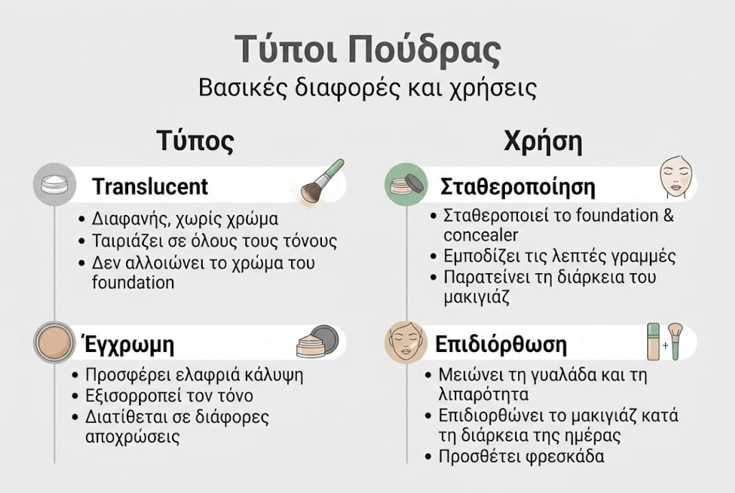 Εικονογραφημένος οδηγός με όλα τα είδη πούδρας προσώπου και πώς να τα χρησιμοποιείτε στο μακιγιάζ σας