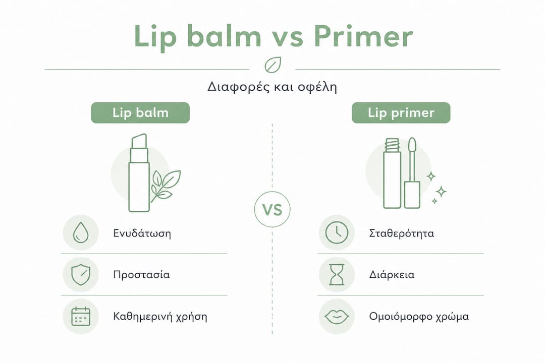 Εικονογραφημένη σύγκριση: lip balm ή lip primer; Όλα όσα πρέπει να ξέρεις για να διαλέξεις το κατάλληλο προϊόν για τα χείλη σου.