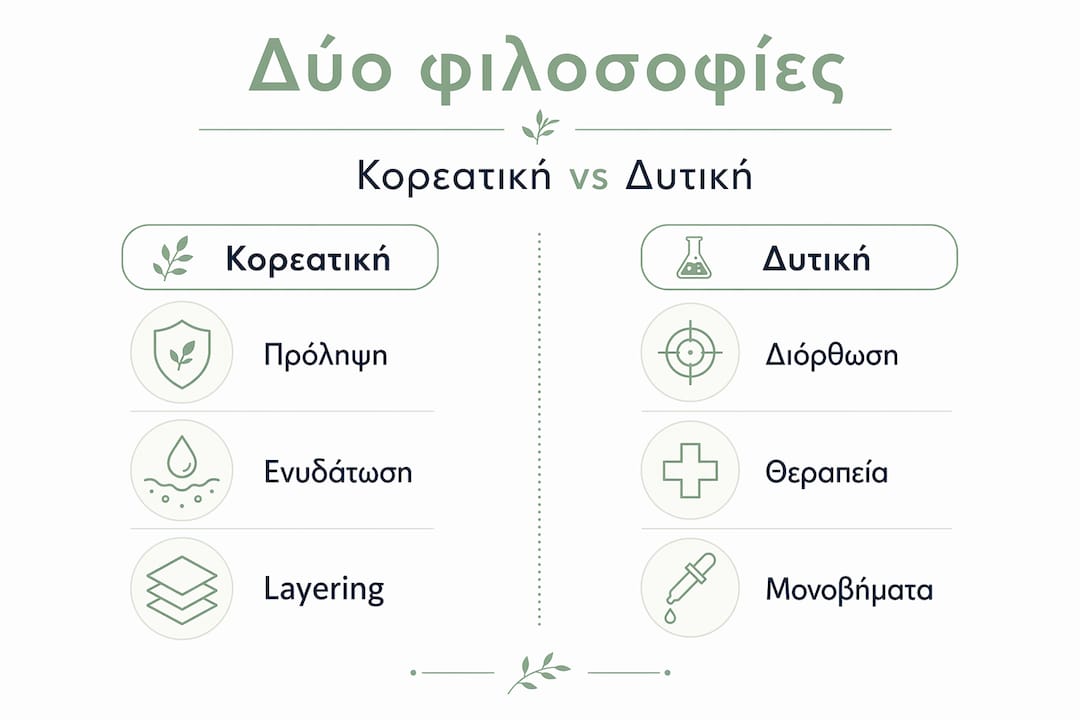 Ενημερωτικό γράφημα που αναδεικνύει τις βασικές διαφορές μεταξύ της κορεάτικης και της δυτικής φιλοσοφίας στην περιποίηση της επιδερμίδας.