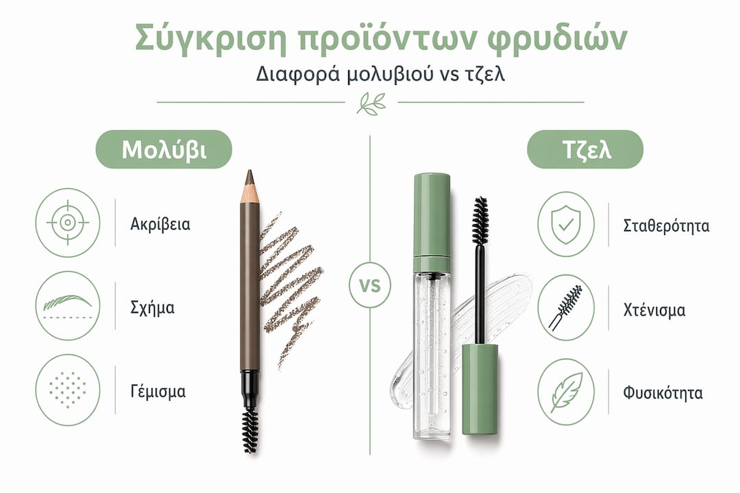 Διαδραστικό γράφημα με όλα τα βασικά χαρακτηριστικά του μολυβιού φρυδιών και του gel, για να δεις εύκολα τις διαφορές και να επιλέξεις αυτό που σου ταιριάζει καλύτερα.