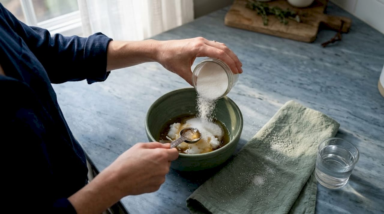 Χέρια ετοιμάζουν ένα σπιτικό scrub για τα χείλη, αναμειγνύοντας φυσικά υλικά σε ένα μπολ.