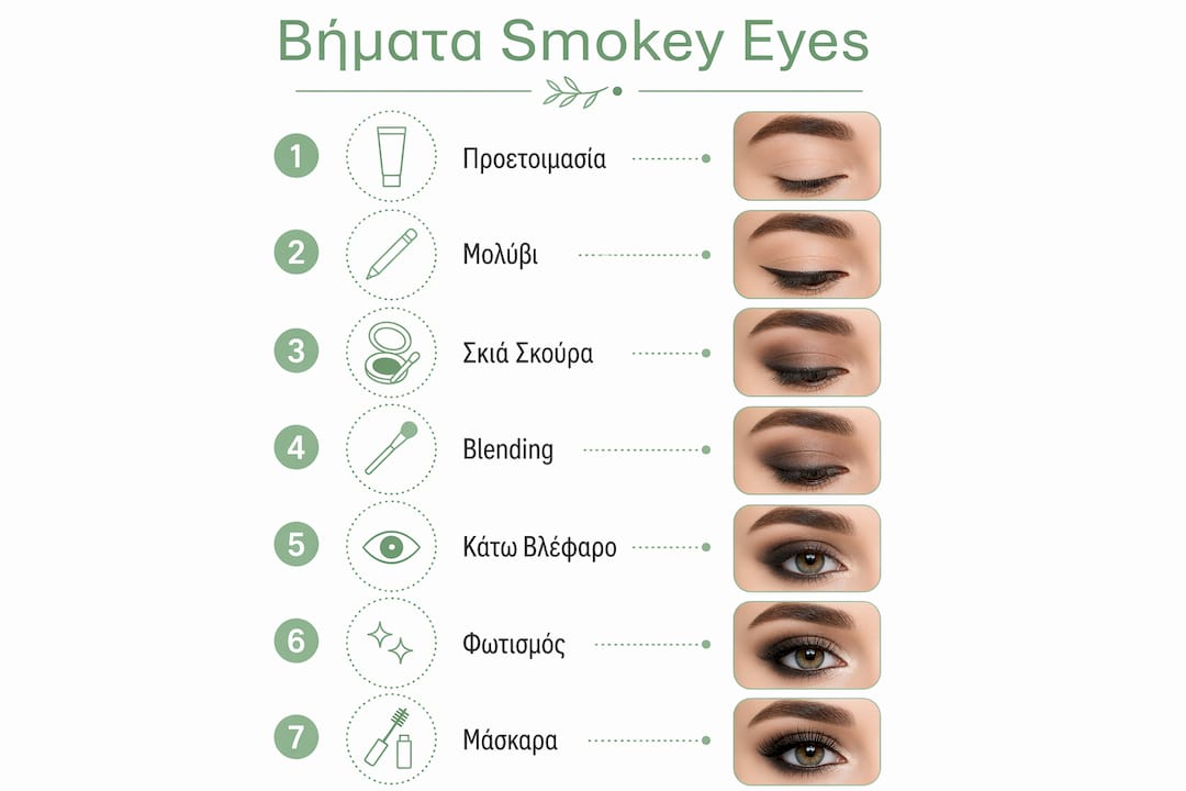 Εικονογράφηση με όλα τα βήματα για τέλειο smokey eye μακιγιάζ