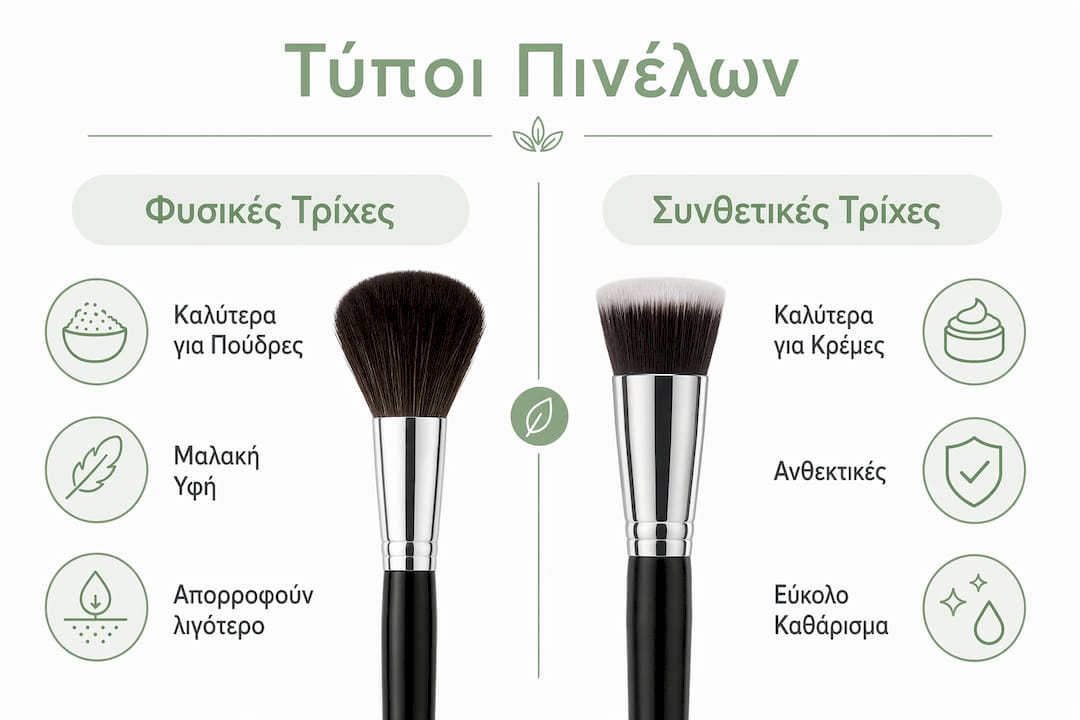 Γραφικό με σύγκριση ανάμεσα σε φυσικά και συνθετικά πινέλα μακιγιάζ: Όλα όσα πρέπει να ξέρεις για τα πλεονεκτήματα και τα μειονεκτήματα της κάθε επιλογής.