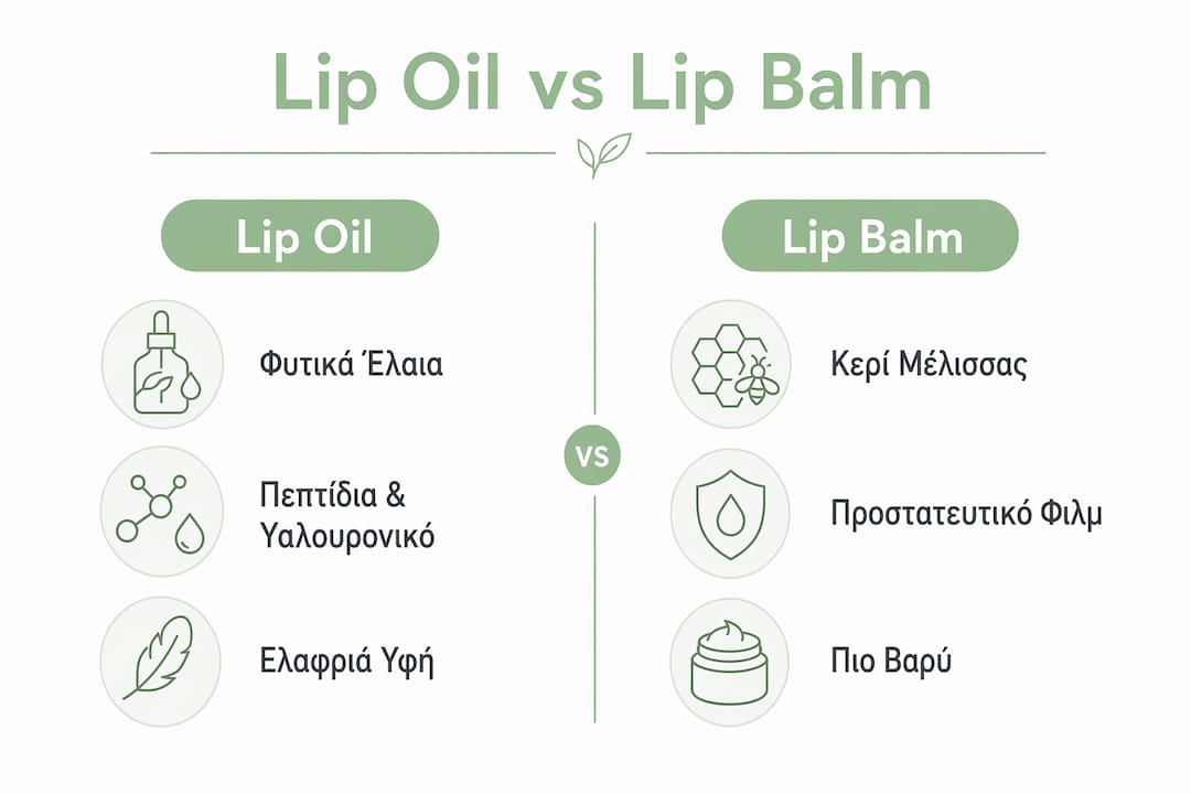 Γραφικό με σύγκριση ανάμεσα σε lip oil και lip balm: Ποιο προϊόν ταιριάζει καλύτερα στις ανάγκες των χειλιών σου;