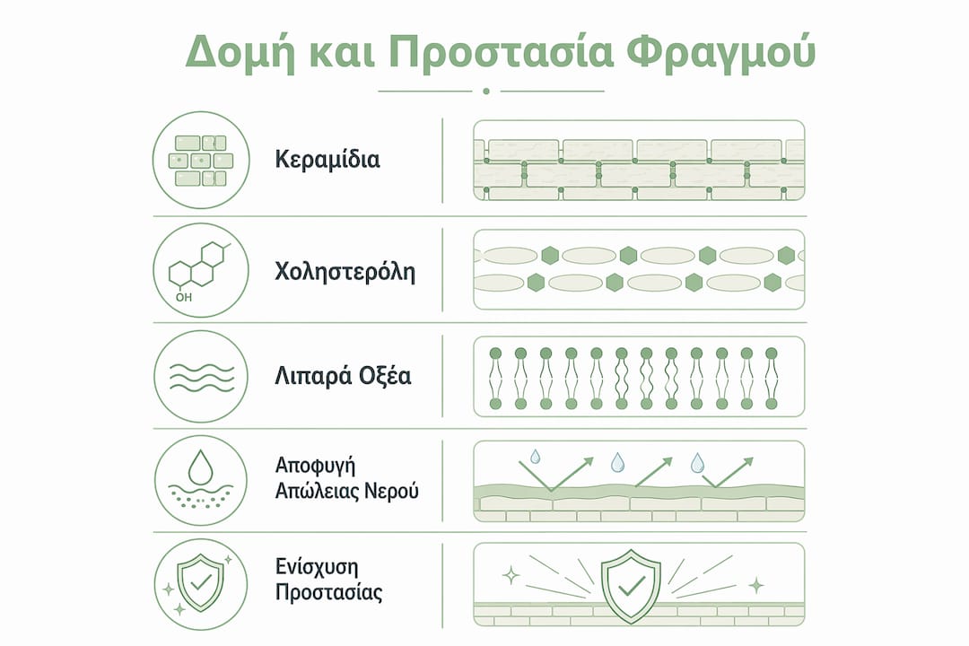 Γραφικό με αναλυτική απεικόνιση της δομής του δερματικού φραγμού και των βασικών βημάτων για την αποτελεσματική προστασία του.