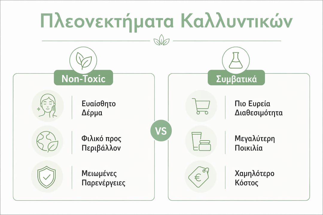 Διαδραστικό γράφημα που παρουσιάζει τα πλεονεκτήματα των φυσικών καλλυντικών σε σύγκριση με τα συμβατικά προϊόντα ομορφιάς.