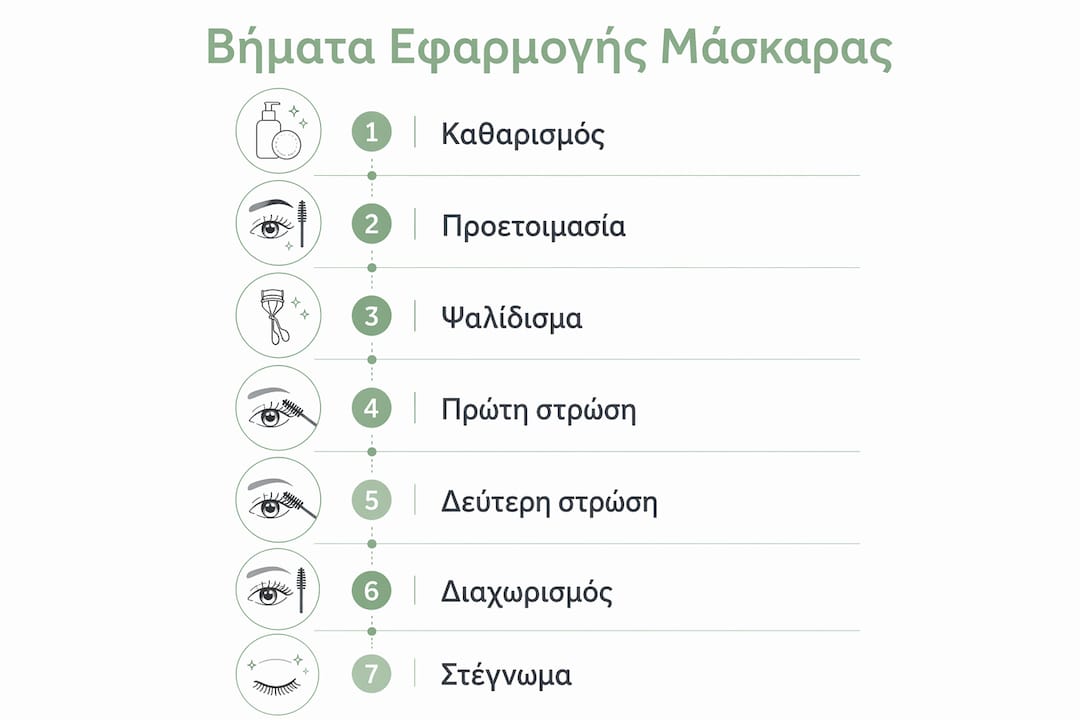 Εικονογραφημένος οδηγός με αριθμημένα βήματα για σωστή εφαρμογή μάσκαρα στα ελληνικά