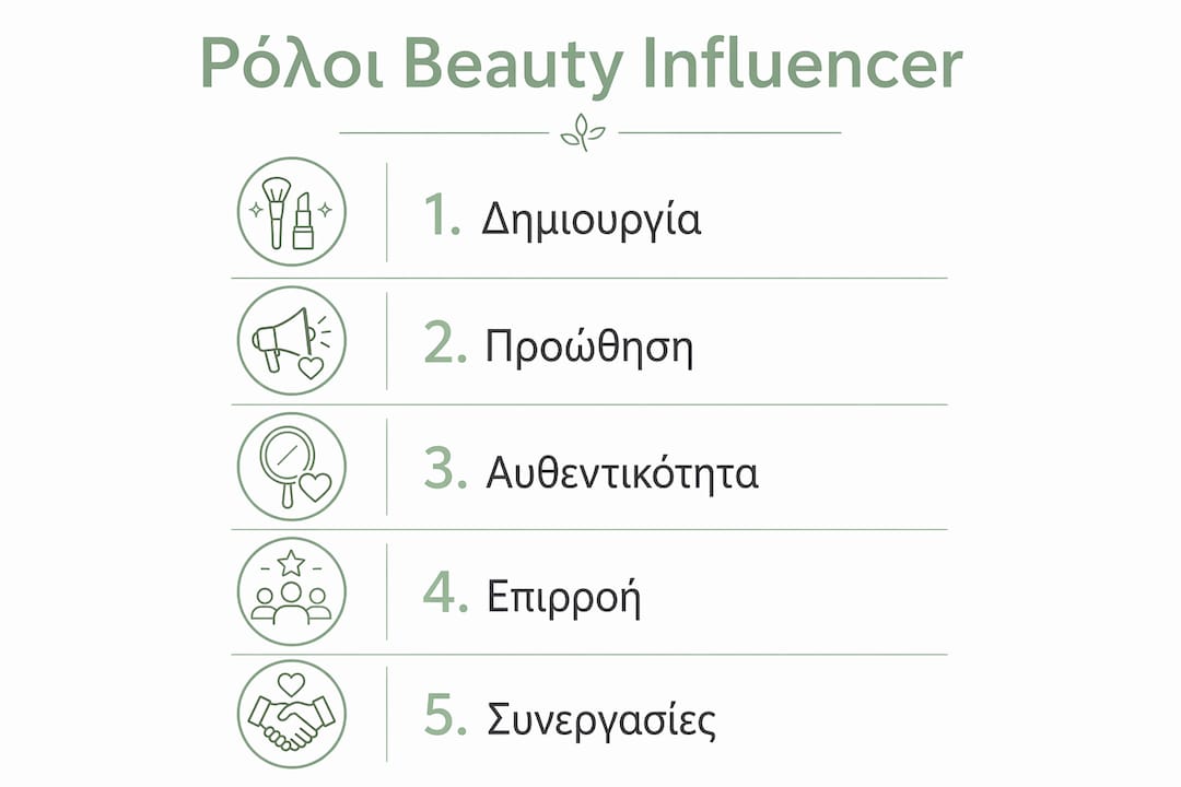 Διαδραστική παρουσίαση με τα βασικά καθήκοντα και τον ρόλο των beauty influencers στην καθημερινότητα και τη βιομηχανία της ομορφιάς.