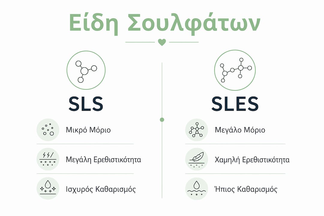 Γραφικό που παρουσιάζει αναλυτικά τις διαφορές μεταξύ των σουλφικών SLS και SLES
