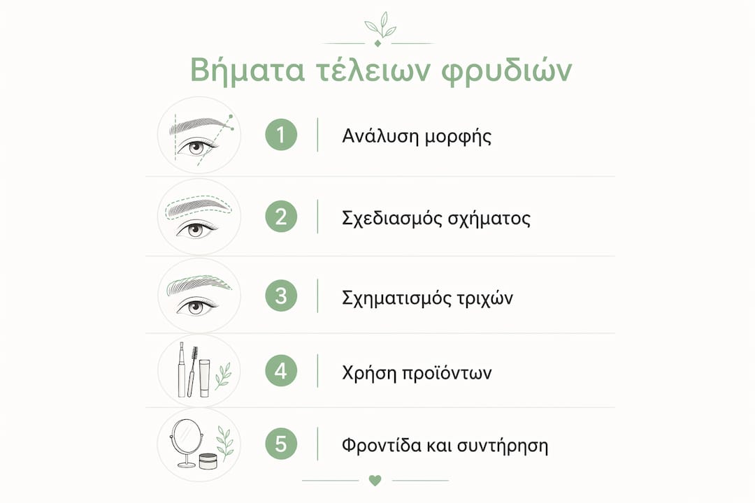 Διαδραστικός οδηγός με όλα τα μυστικά για τέλεια και περιποιημένα φρύδια, βήμα προς βήμα.