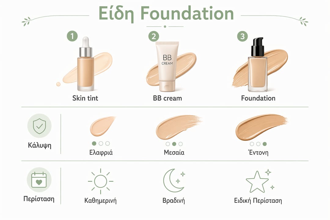 Infographic: Όλοι οι τύποι foundation και τα επίπεδα κάλυψης στα ελληνικά