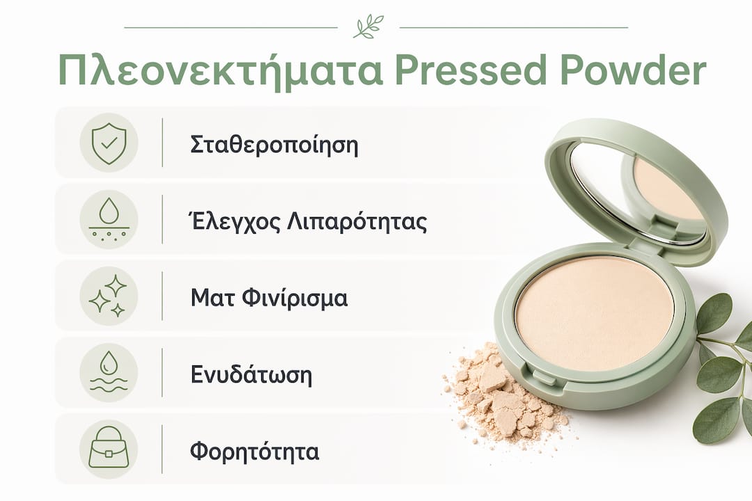 Εντυπωσιακό infographic που παρουσιάζει όλα τα πλεονεκτήματα της compact πούδρας, με αναλυτικές πληροφορίες στα ελληνικά.