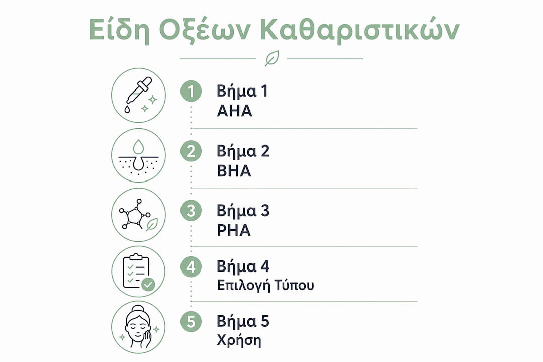 Εικονογραφημένος οδηγός για τα είδη οξέων που περιέχουν τα καθαριστικά προσώπου