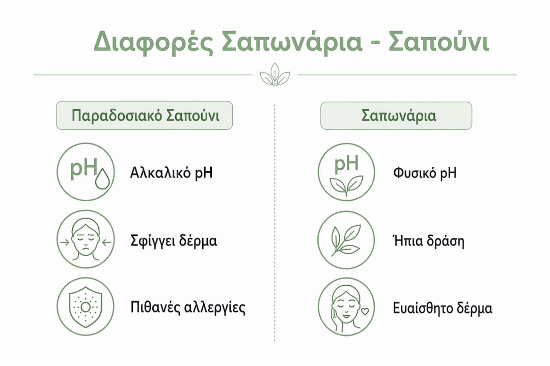 Ενημερωτικό γράφημα που παρουσιάζει με απλό και κατανοητό τρόπο τις βασικές διαφορές ανάμεσα στη σαπωνάρια και το παραδοσιακό σαπούνι, με σαφή και ξεκάθαρα σημεία για εύκολη σύγκριση.