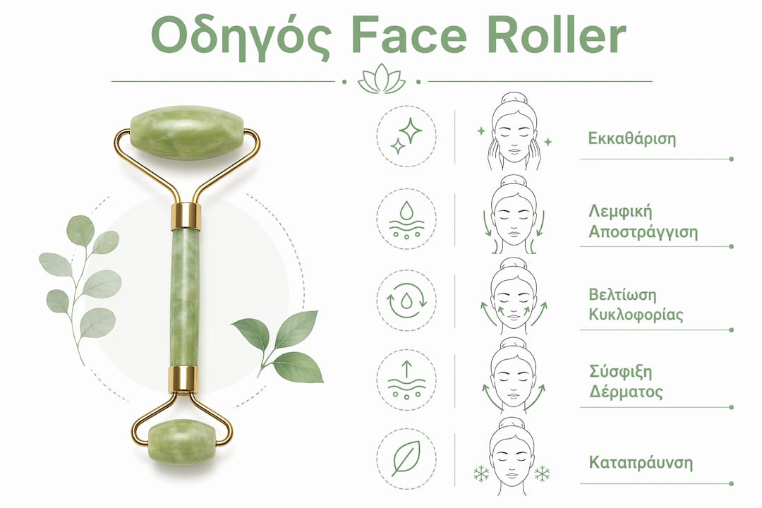 Εικόνα με όλα τα οφέλη του face roller και τα βήματα για σωστή χρήση
