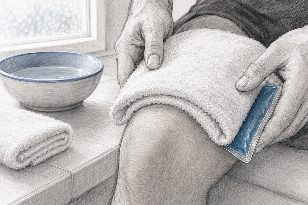 Warm damp towel beside knee
