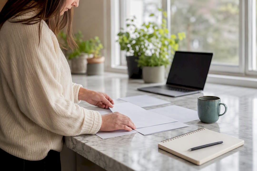 Hands checking condo papers on table