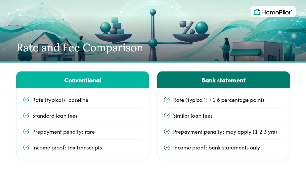 Diagram comparing bank statement loan rates and fees with conventional mortgages