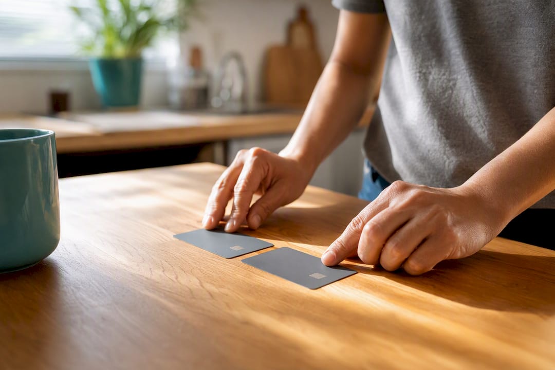Hands separating financial cards on table