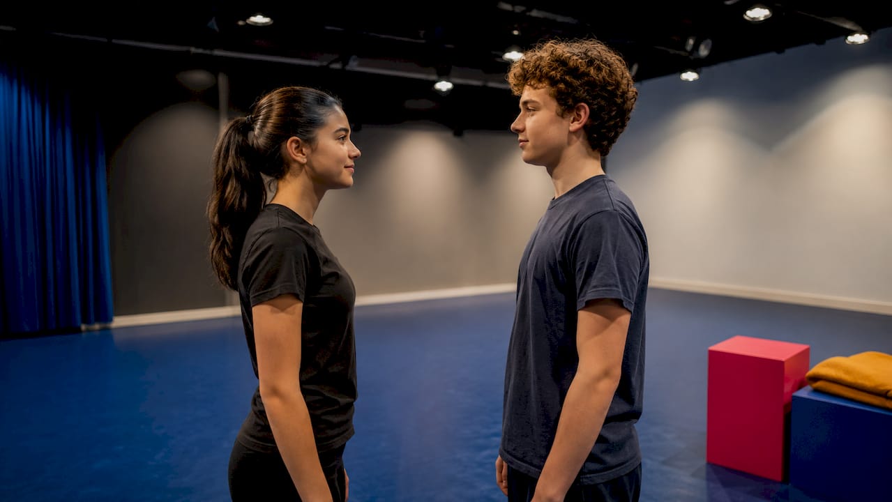 Teenagers practising eye contact in rehearsal