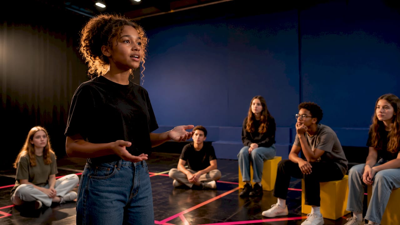 Teen speaking confidently during theatre practice