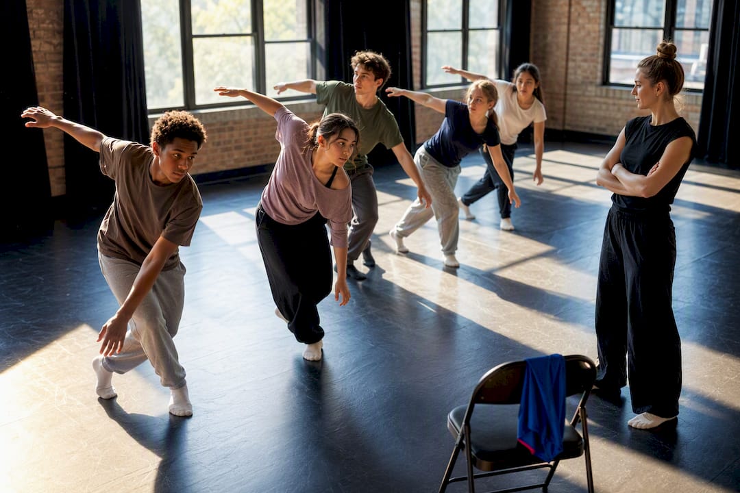 Teen performers rehearsing movement together