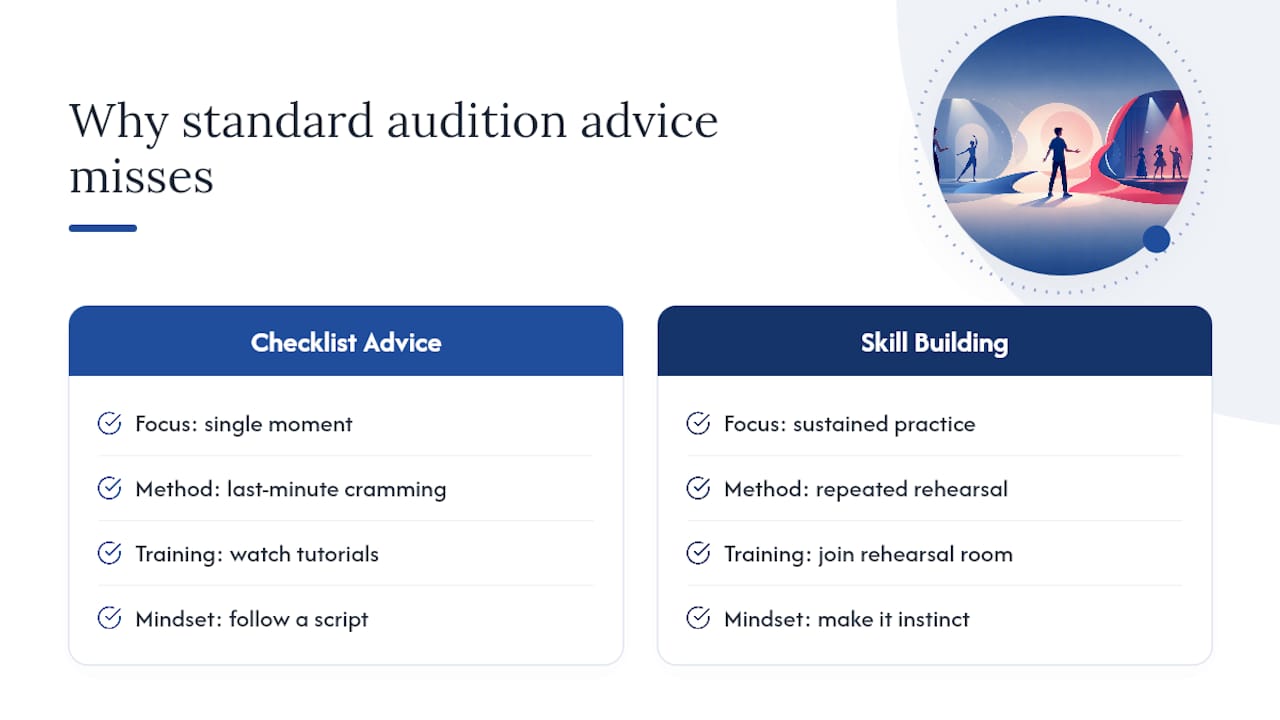 Why the standard audition advice misses the point — overview diagram