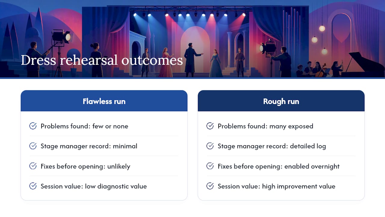 Why the "final run-through" framing undersells what dress rehearsal really does — overview diagram