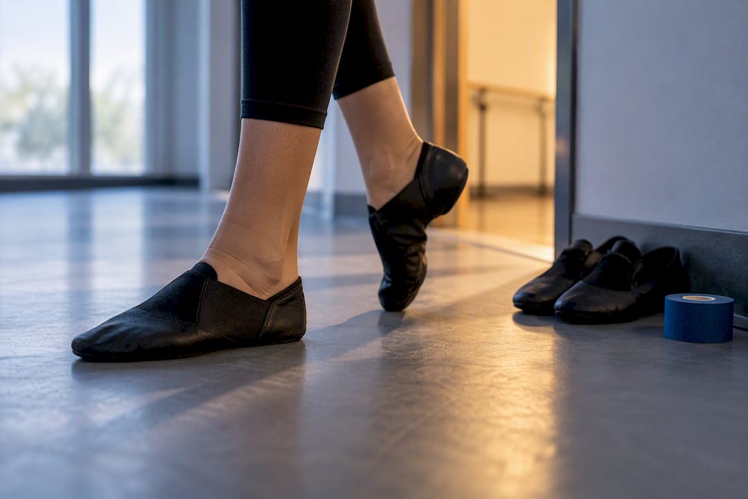 Performer testing audition shoes with spares
