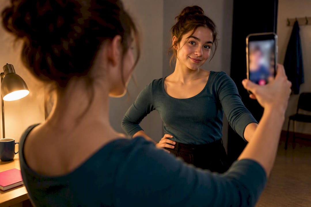 Performer checking outfit colour on camera