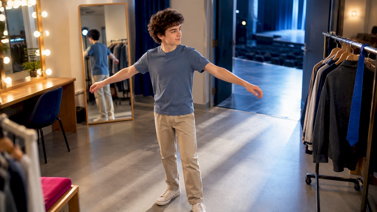 Teen actor testing audition outfit movement