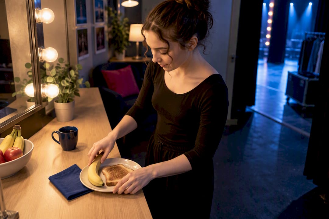 Performer preparing banana and toast backstage