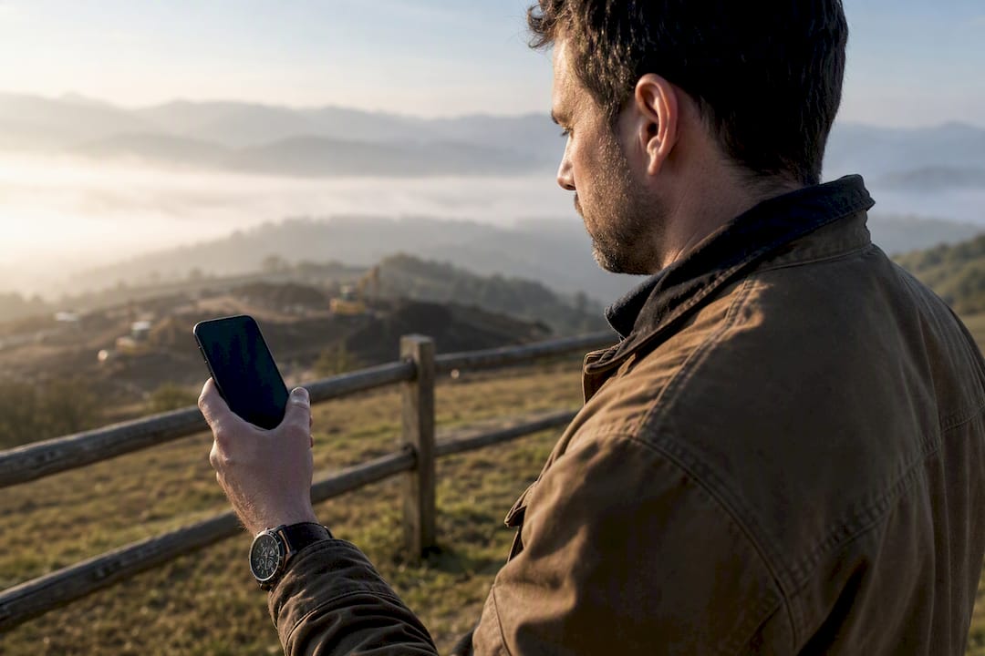 Hands holding phone near job site geofence gate
