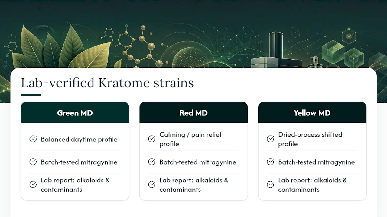 Which Kratome strains come with lab-verified alkaloid data? — overview diagram