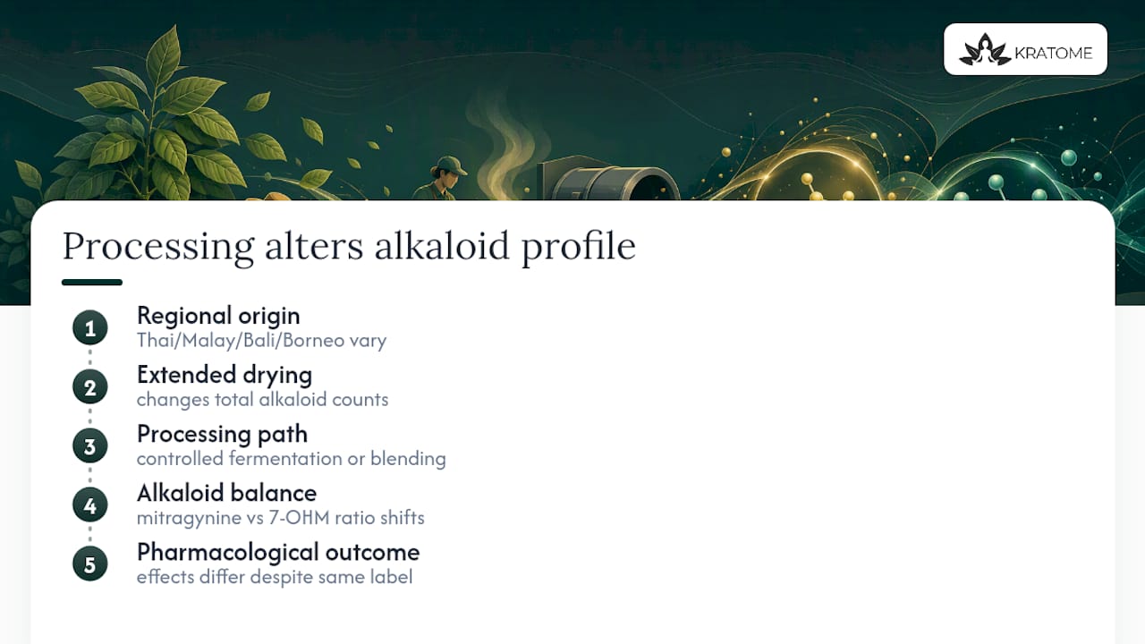 Kratom processing stages affecting alkaloid profiles
