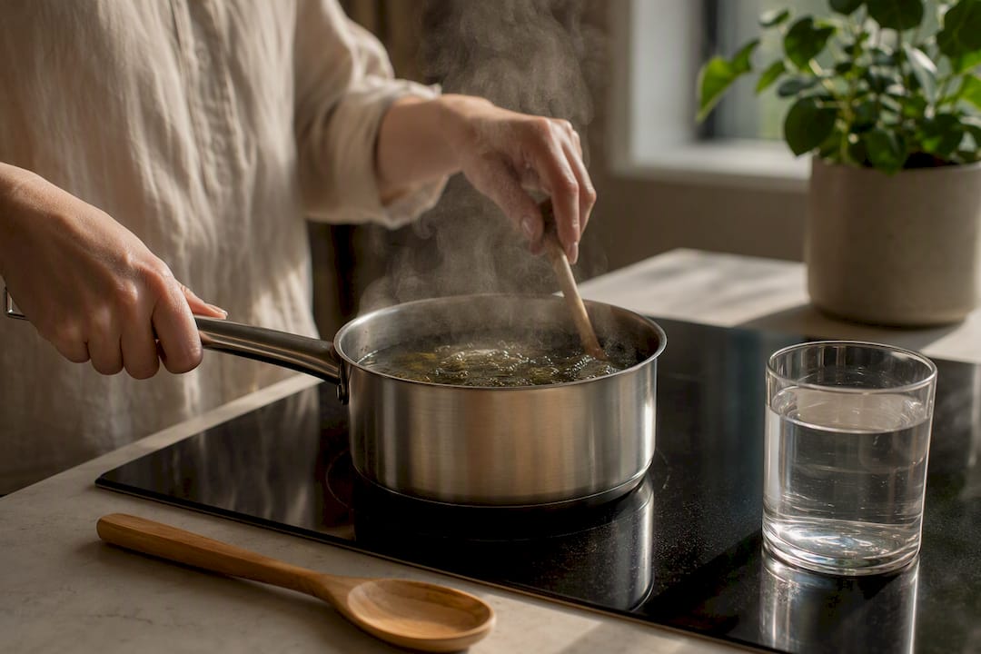 Hands gently simmering kratom tea