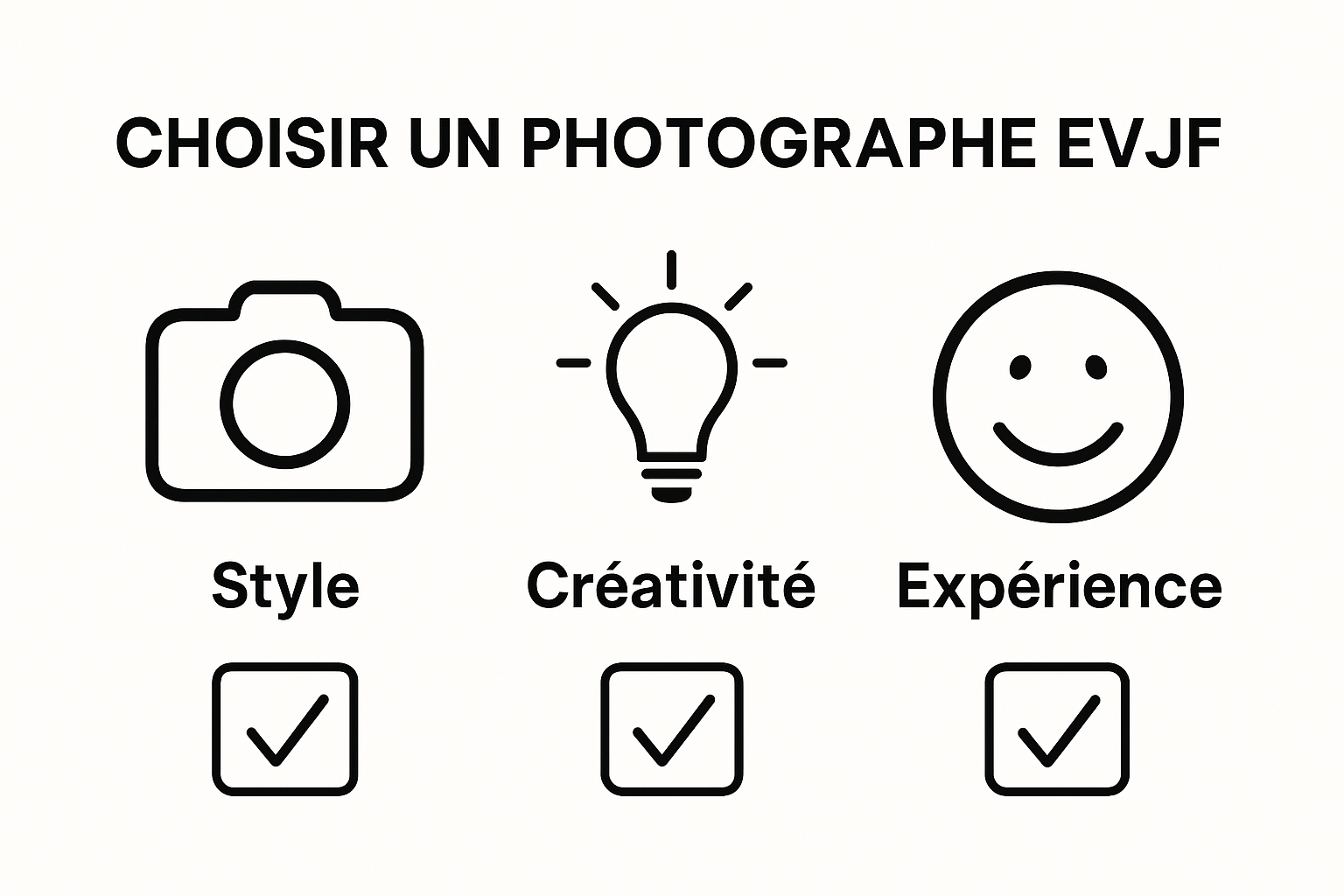 three icons for style, creativity, and experience representing main criteria for choosing a photographer