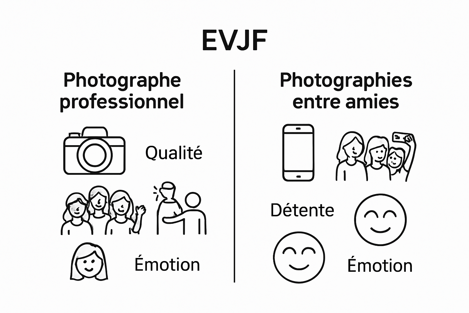 Infographic comparing professional EVJF photographer vs. informal friend photos