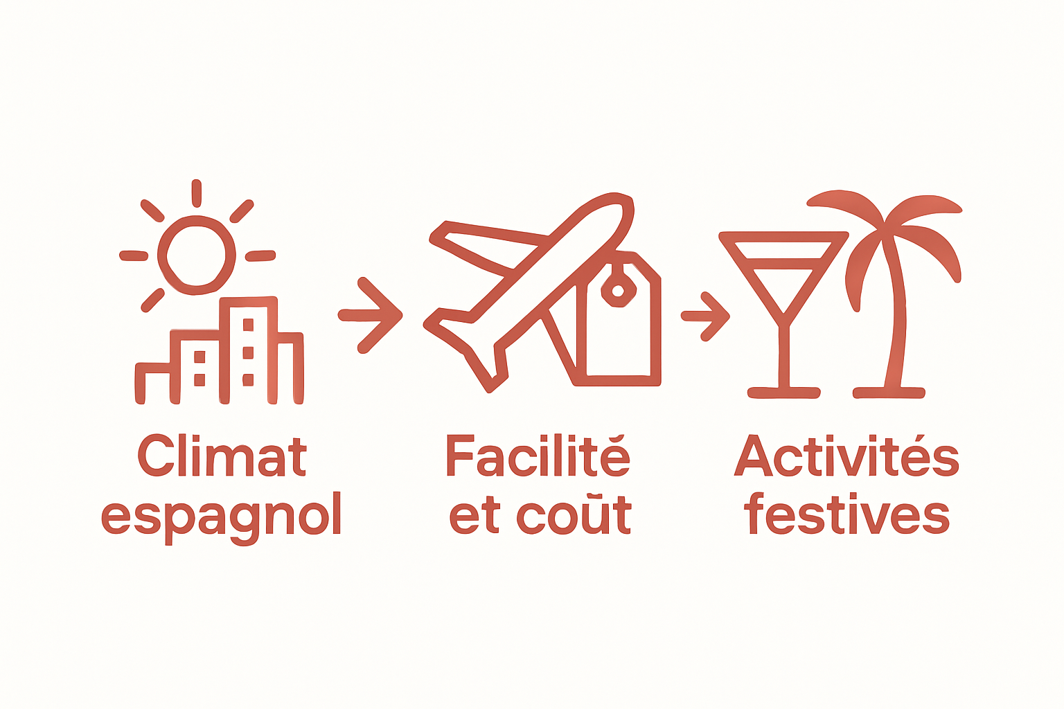 sun, airplane, and cocktail icons comparing Spain's EVJF advantages
