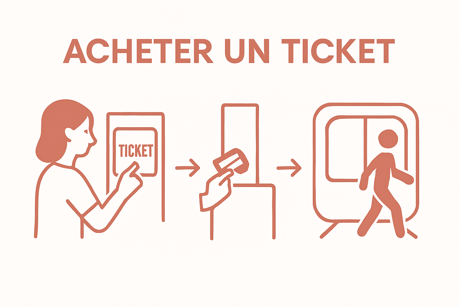 Icons showing three steps to buy and use a metro ticket in Barcelona: touchscreen selection, card scan at turnstile, boarding train.