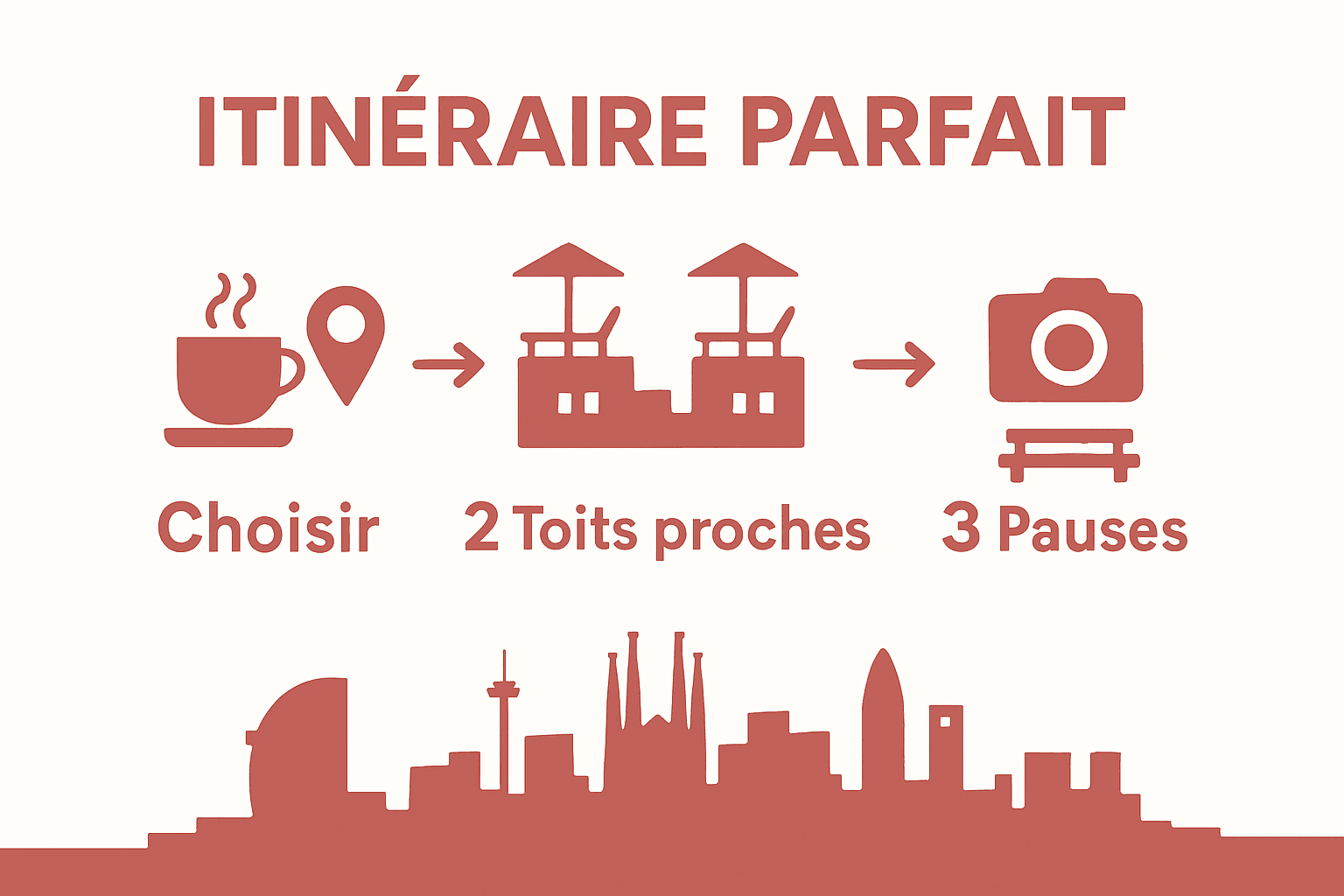 Infographic showing 3-step EVJF rooftop itinerary in Barcelona