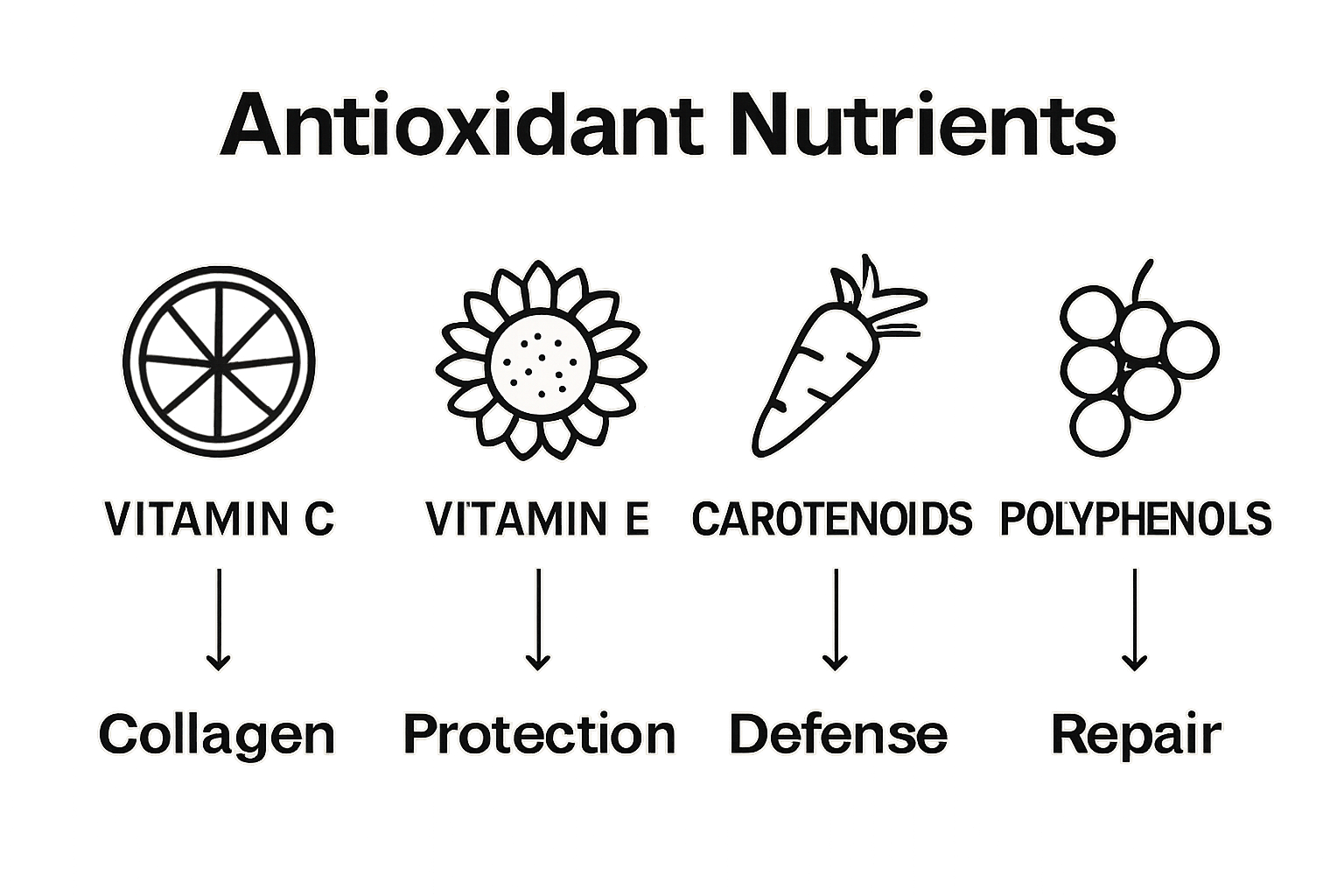 Simple infographic showing key antioxidant nutrients and their main benefits