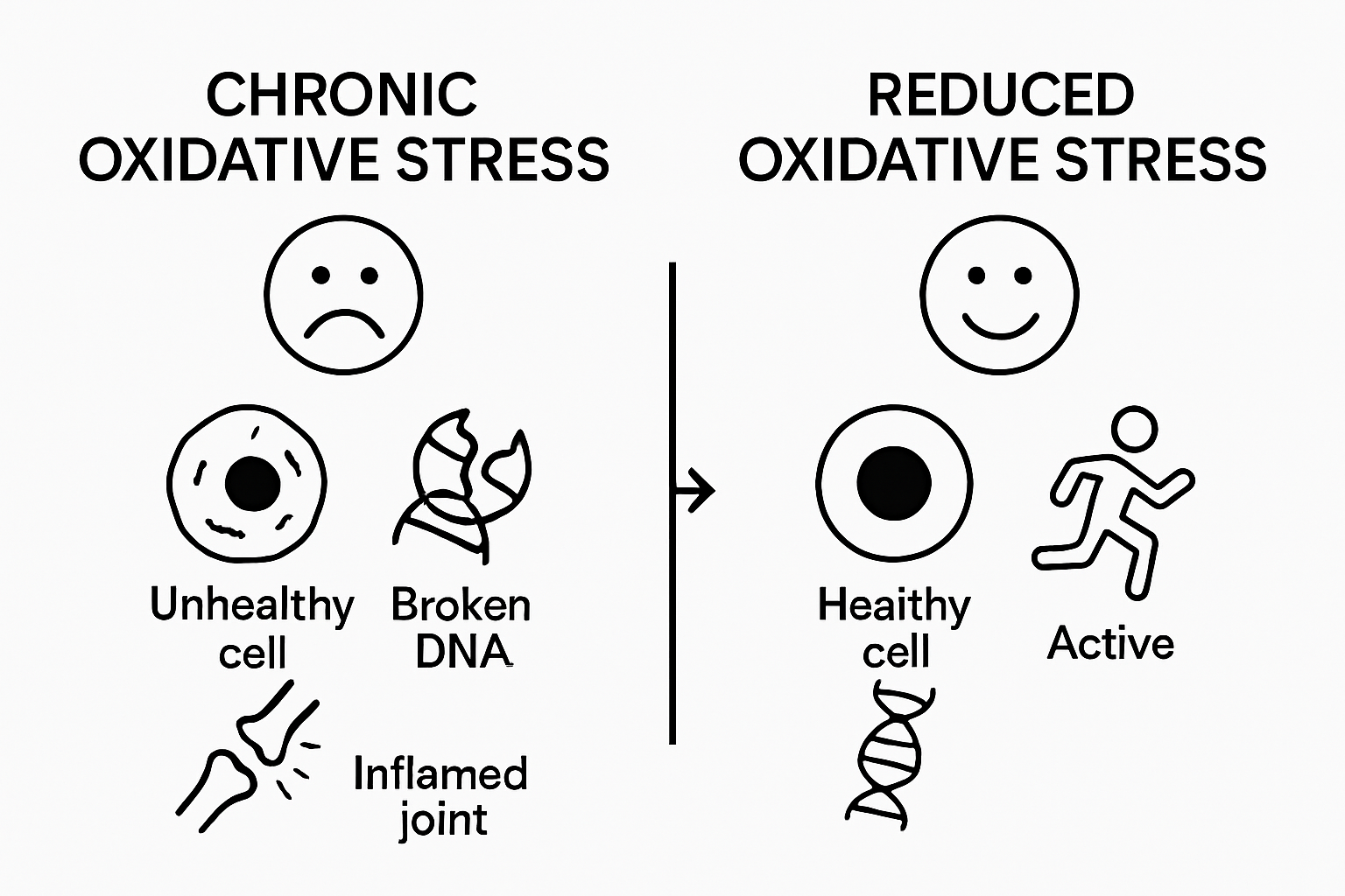 Simple side-by-side comparison of high vs. low oxidative stress effects on cell health