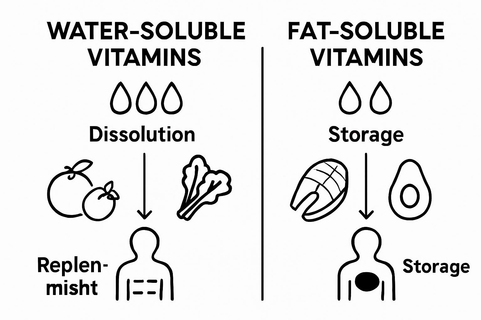 Visual comparison of water-soluble vs. fat-soluble vitamins