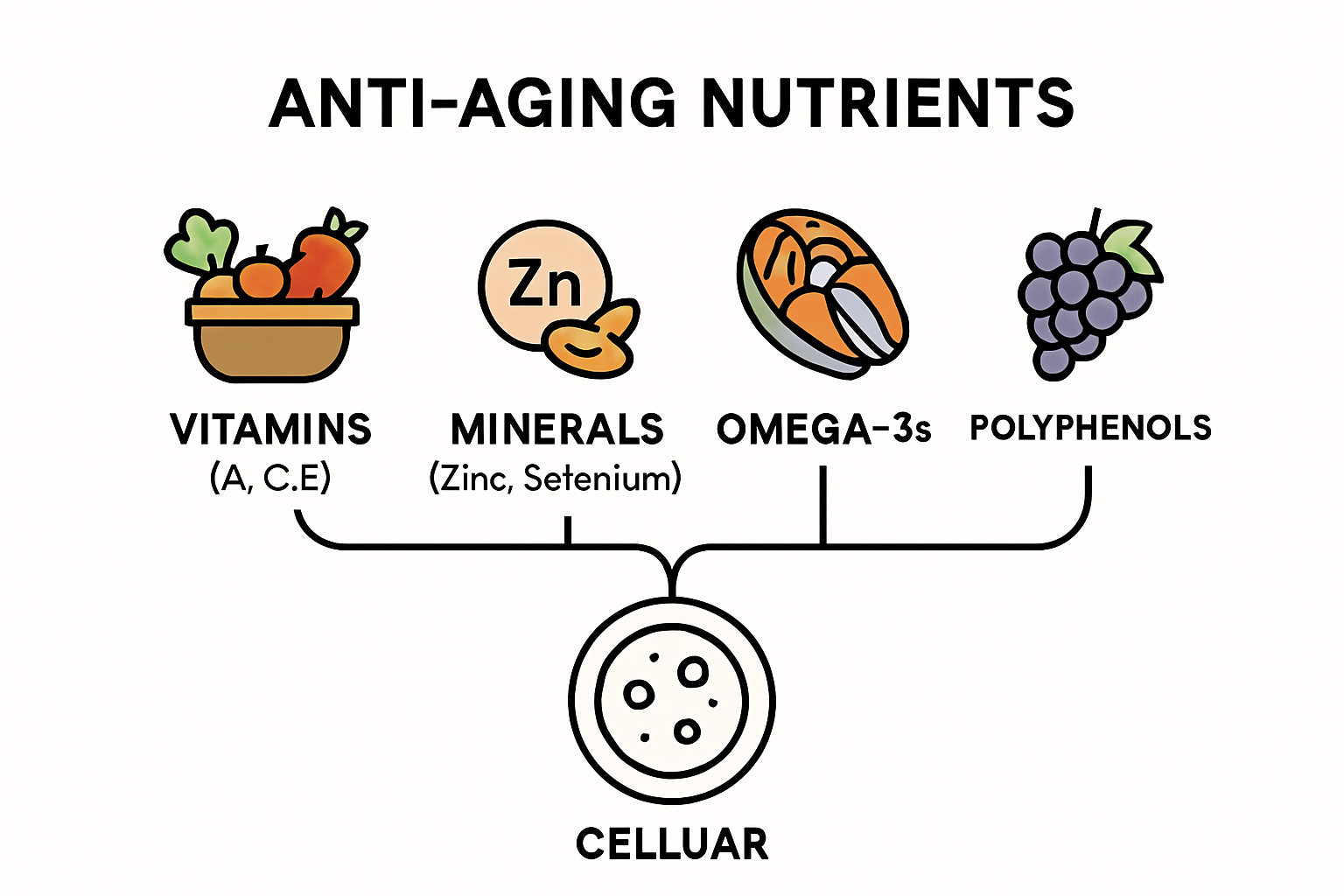 Infographic showing four anti-aging nutrient categories connected to a central cell