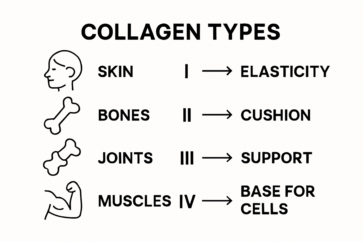 Icons showing types and roles of collagen in the body